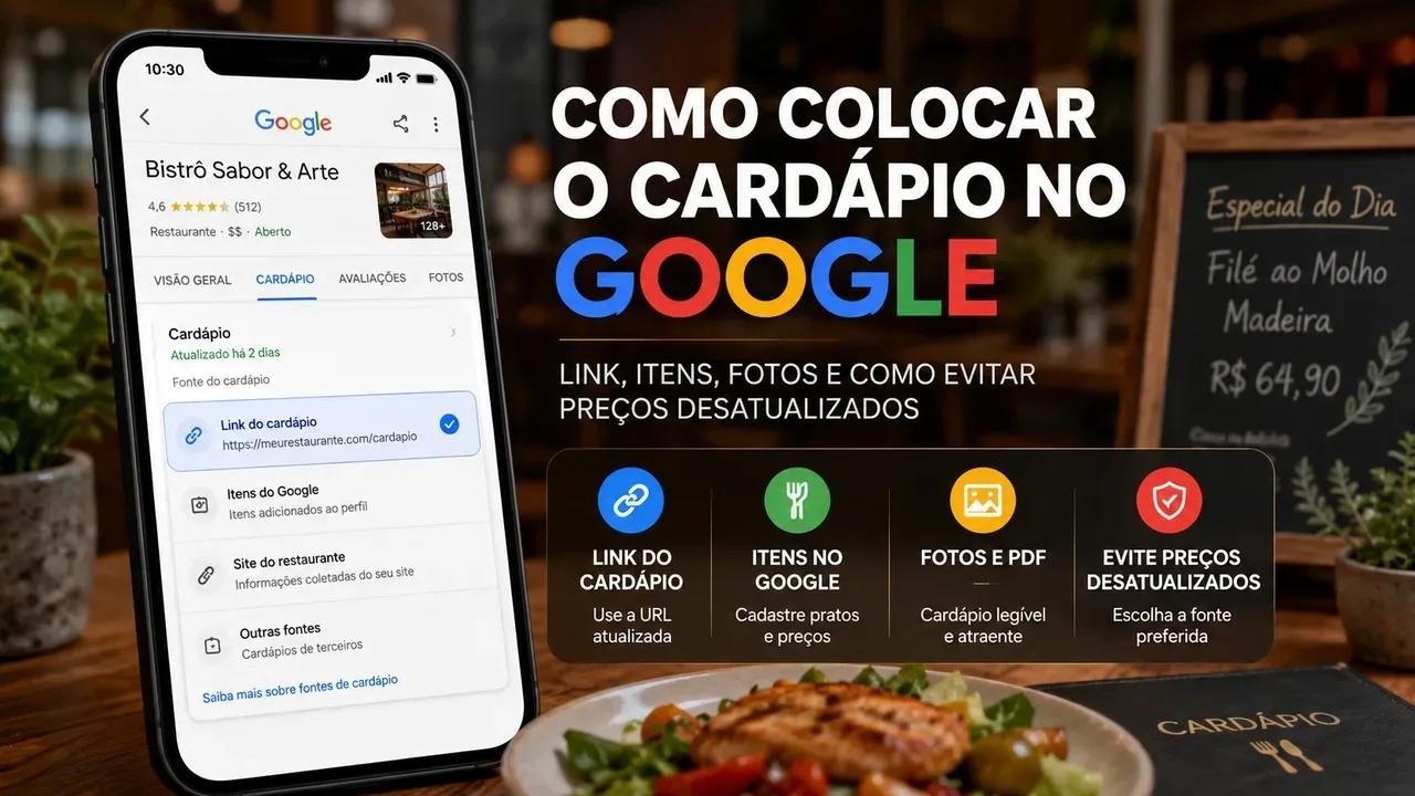 Capa ilustrativa com smartphone exibindo um Perfil da Empresa de restaurante no Google, opções de cardápio e link, prato servido e quadro de preços ao fundo.