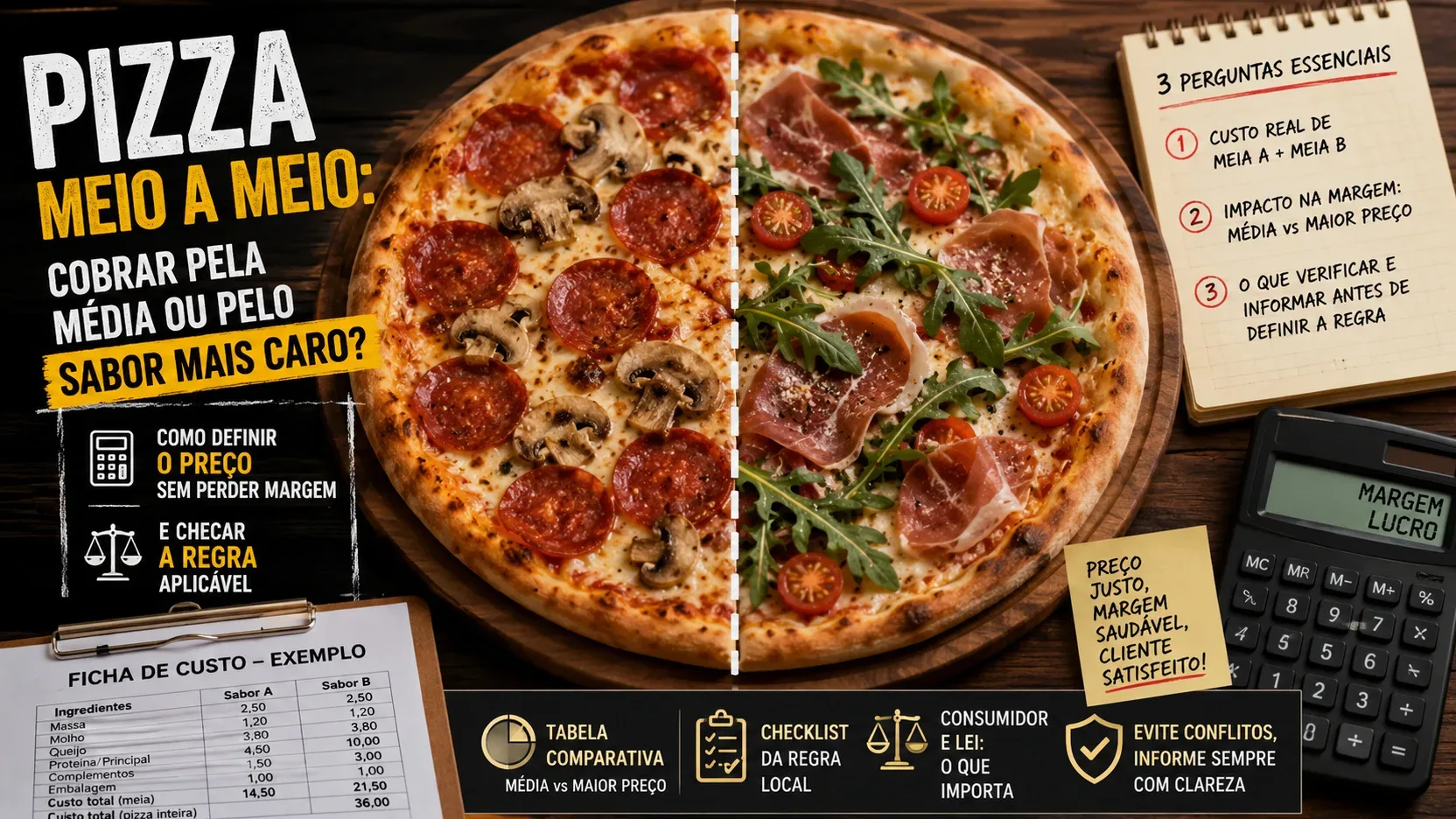 Capa editorial com pizza dividida em dois sabores, calculadora, ficha de custo e anotações sobre preço médio, margem e regra de cobrança.