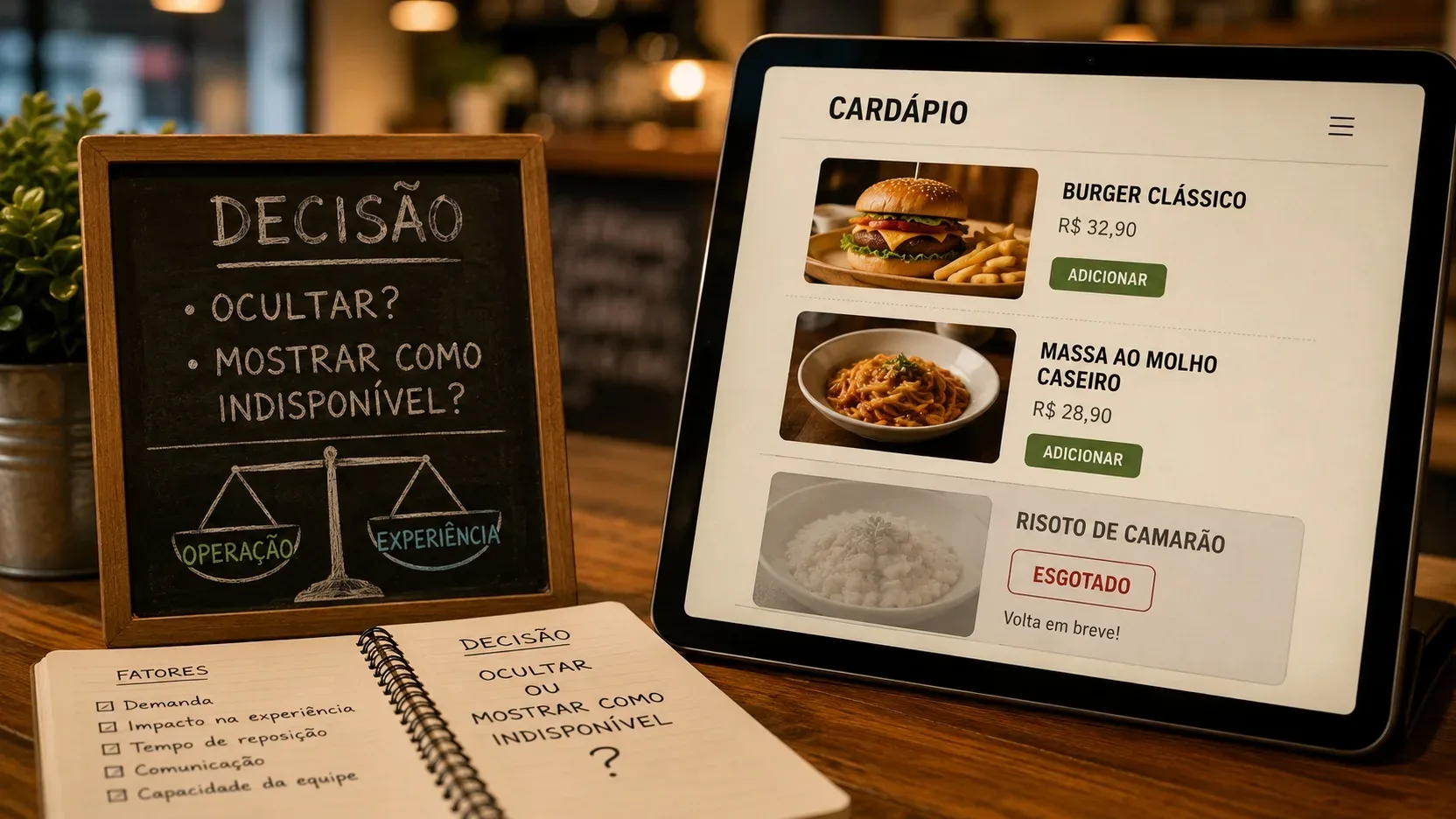 Tablet com cardápio digital exibindo risoto de camarão marcado como esgotado ao lado de quadro com a decisão entre ocultar ou mostrar o item indisponível.