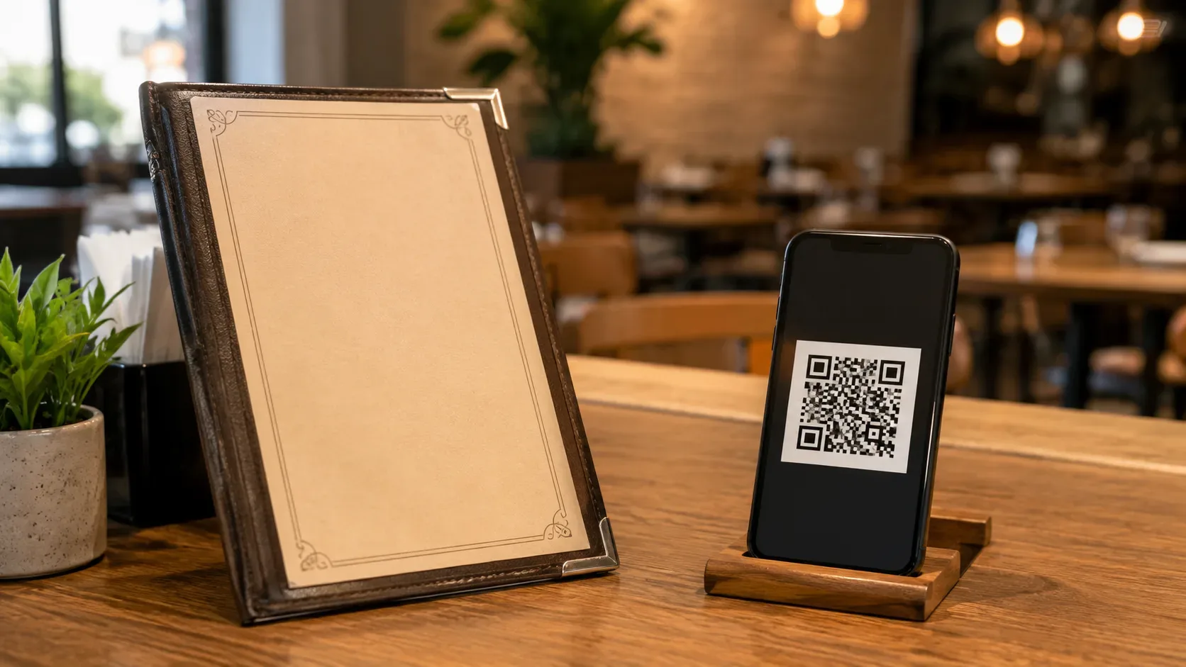 Cardápio físico sobre uma mesa de restaurante ao lado de um celular com QR Code genérico, representando duas formas de consulta ao menu.