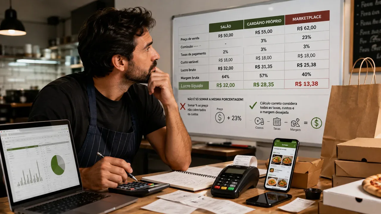 Dono de restaurante calcula preços diante de um quadro que compara salão, cardápio próprio e marketplace, com notebook, calculadora, maquininha e embalagens de delivery.