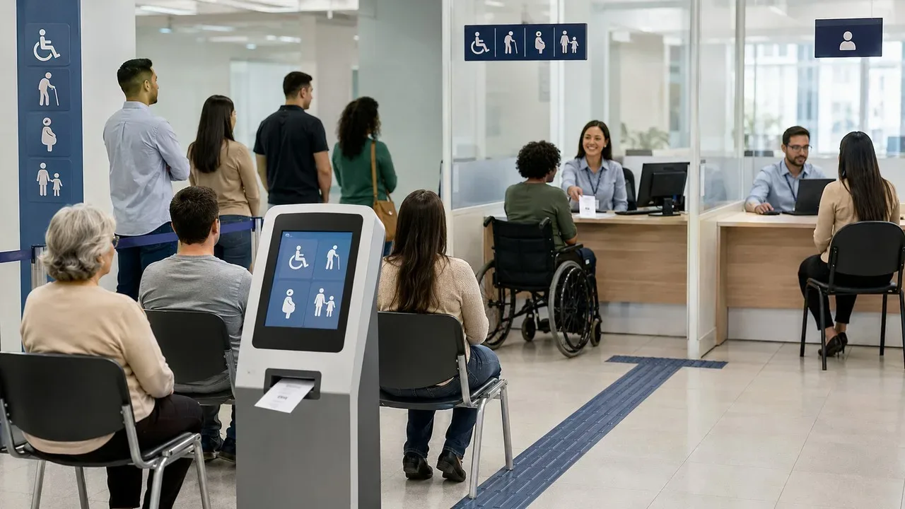 Sala de espera com totem de senhas, sinalização de prioridade, pessoas aguardando e atendimentos em guichês, incluindo uma pessoa em cadeira de rodas
