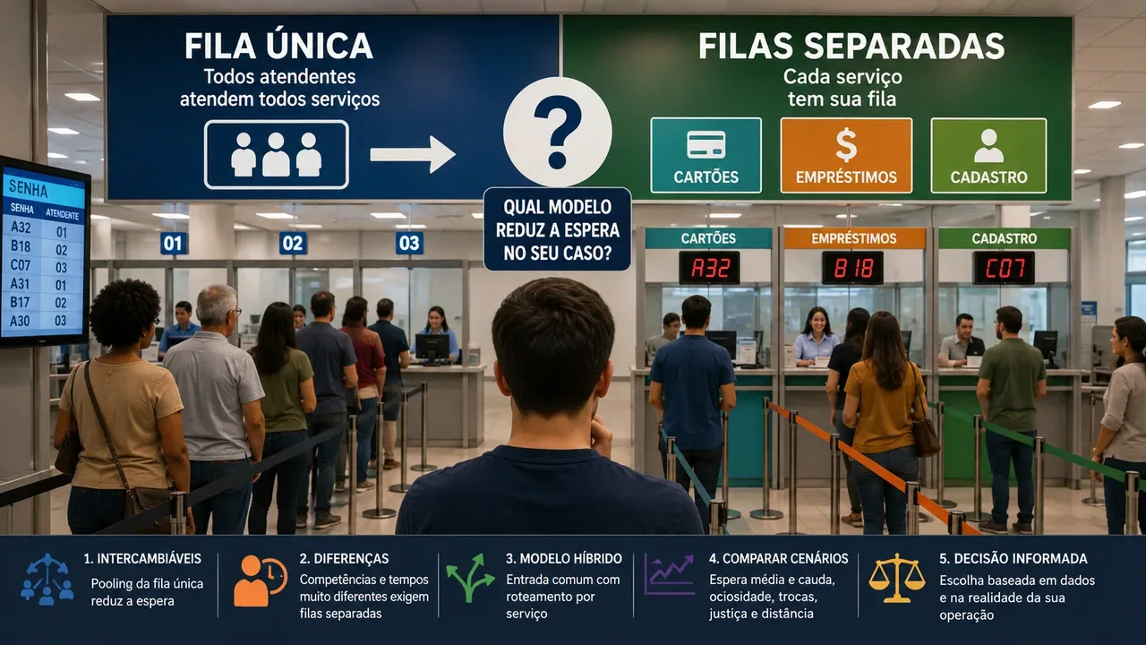 Central de atendimento dividida visualmente entre uma fila única para três guichês e filas separadas por cartões, empréstimos e cadastro, com clientes aguardando atendimento.
