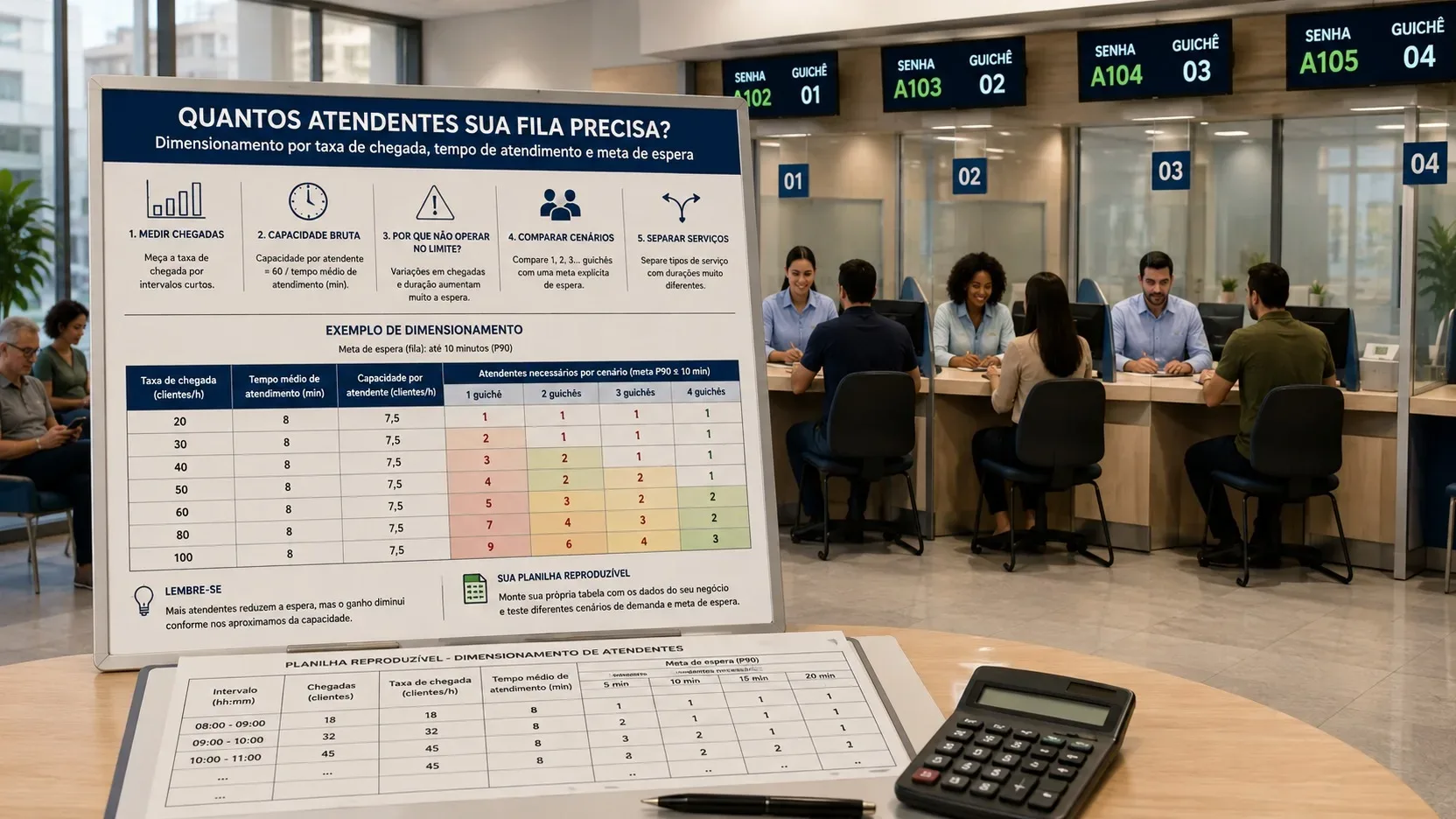 Ambiente de atendimento com quatro guichês em operação; em primeiro plano, painel sobre dimensionamento de filas, planilha e calculadora.