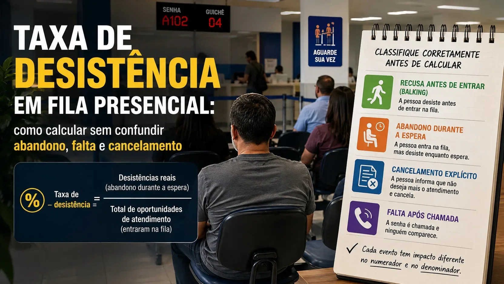 Sala de espera presencial com pessoas sentadas, painel de senhas e quadro explicativo sobre recusa, abandono, cancelamento e falta após chamada.