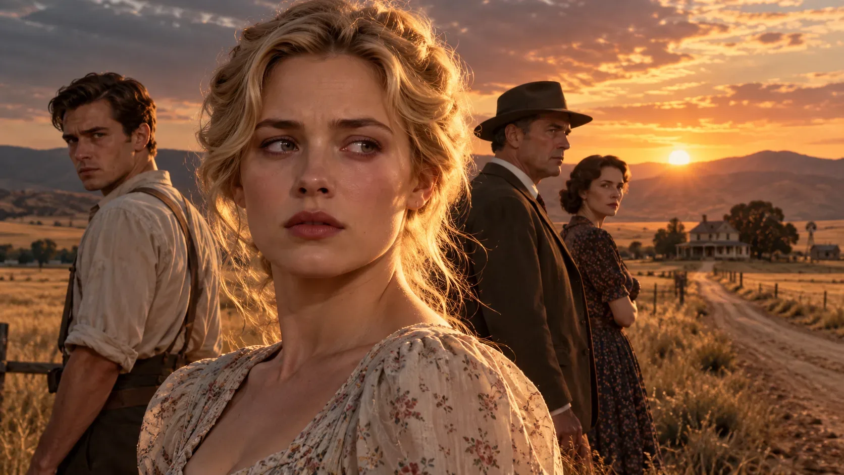Mulher loira em primeiro plano com três personagens ao fundo em uma paisagem rural de época iluminada pelo pôr do sol.