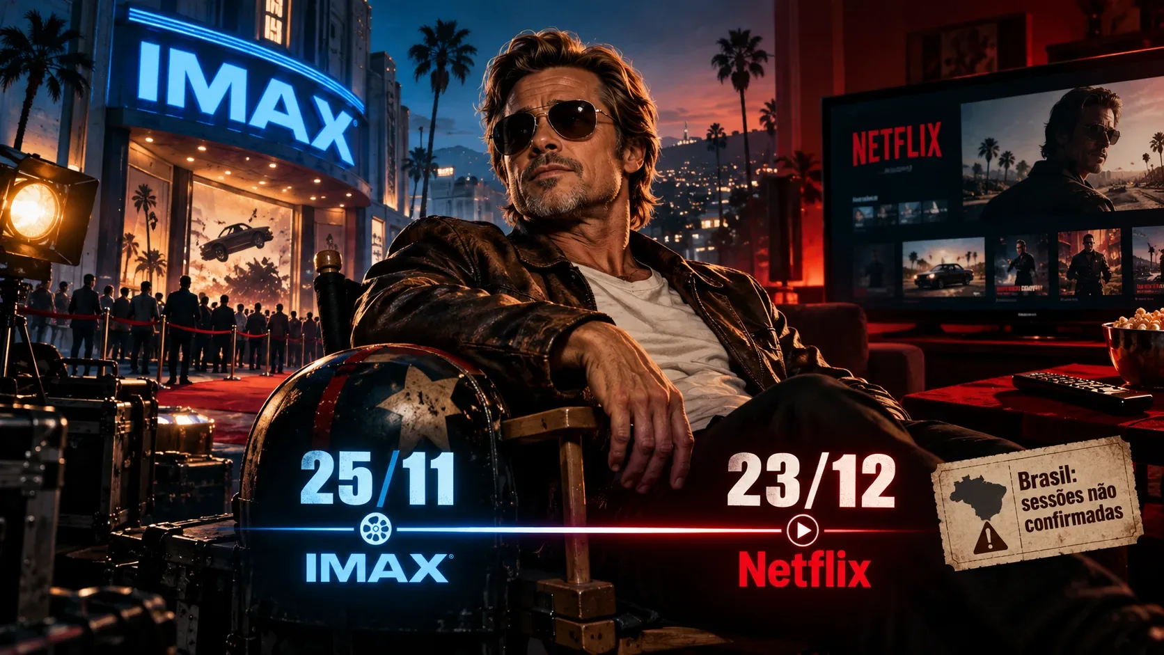 Homem de óculos em cenário de Hollywood entre uma fachada IMAX e uma tela da Netflix, com as datas 25/11 e 23/12 e aviso de que sessões no Brasil não estão confirmadas.