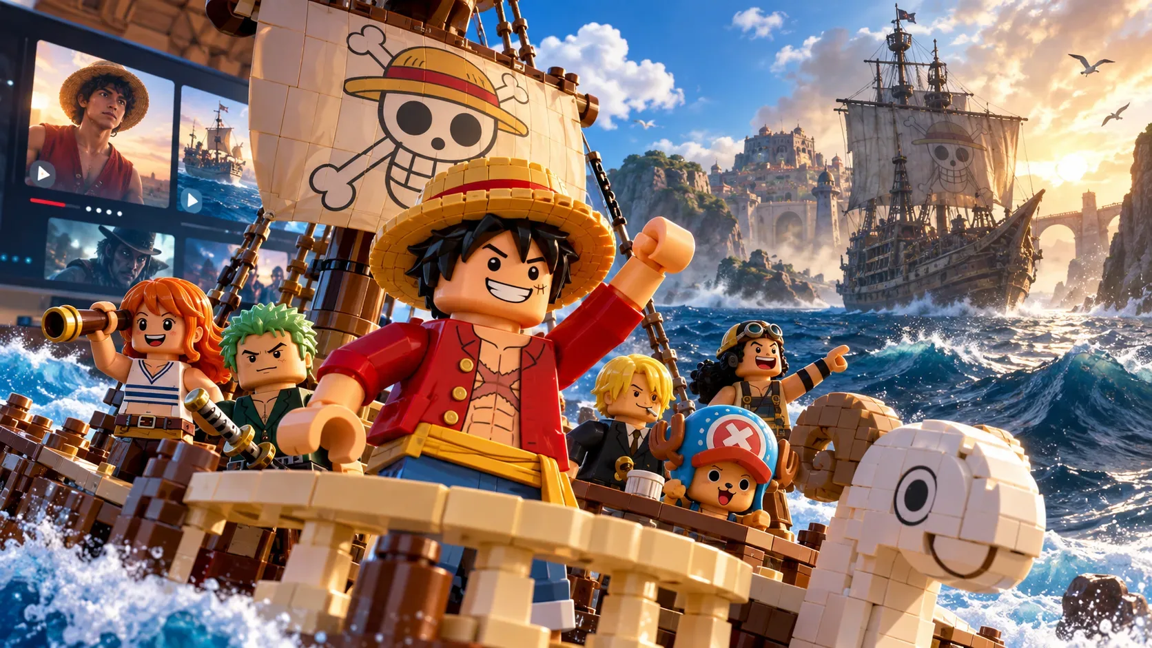 Tripulação de piratas em versões LEGO a bordo de um navio no mar, com um navio realista ao fundo e telas de streaming à esquerda.
