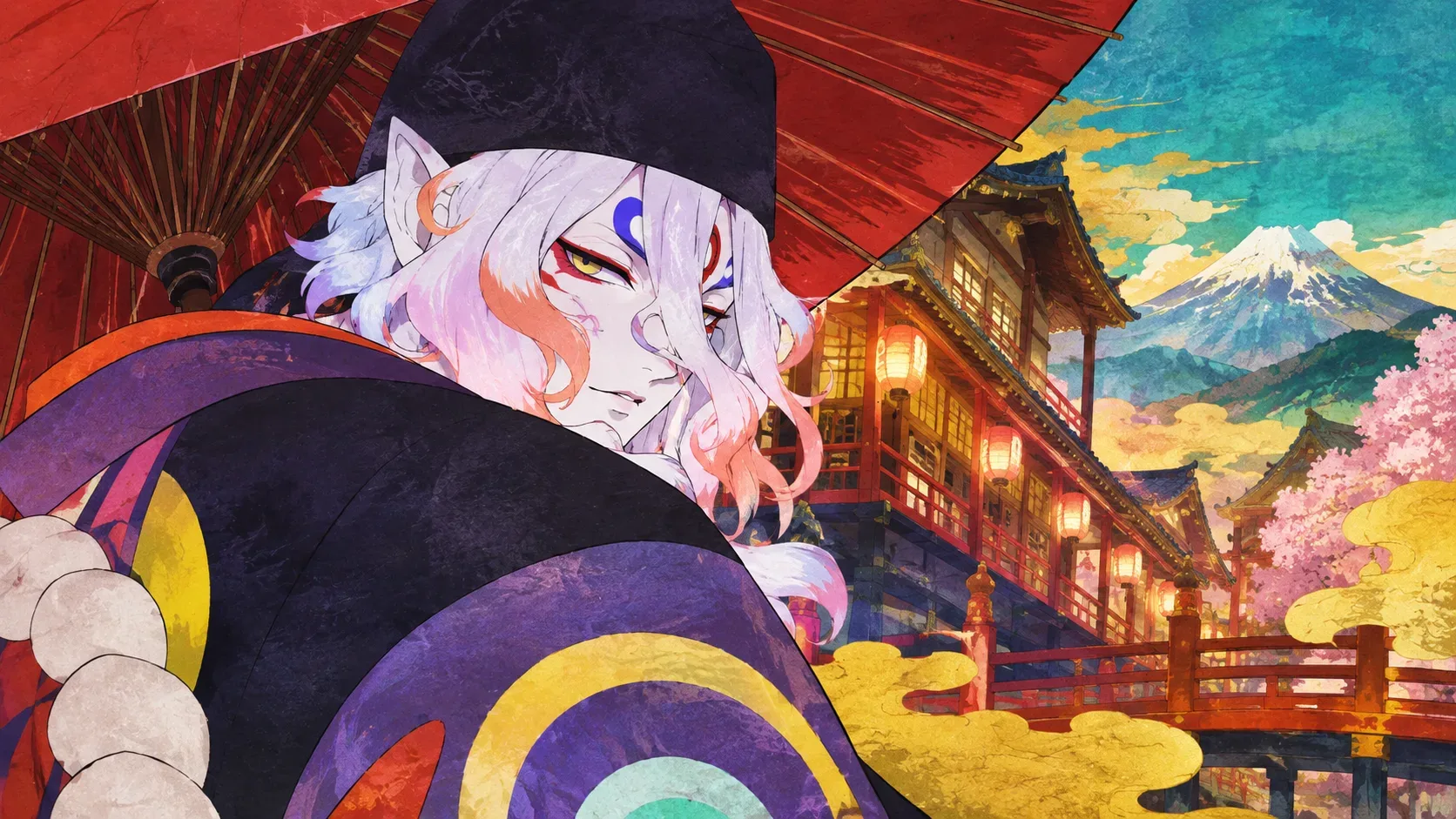 Ilustração em estilo anime de figura misteriosa de cabelos claros sob guarda-chuva vermelho, diante de construções japonesas iluminadas e montanha nevada ao fundo.