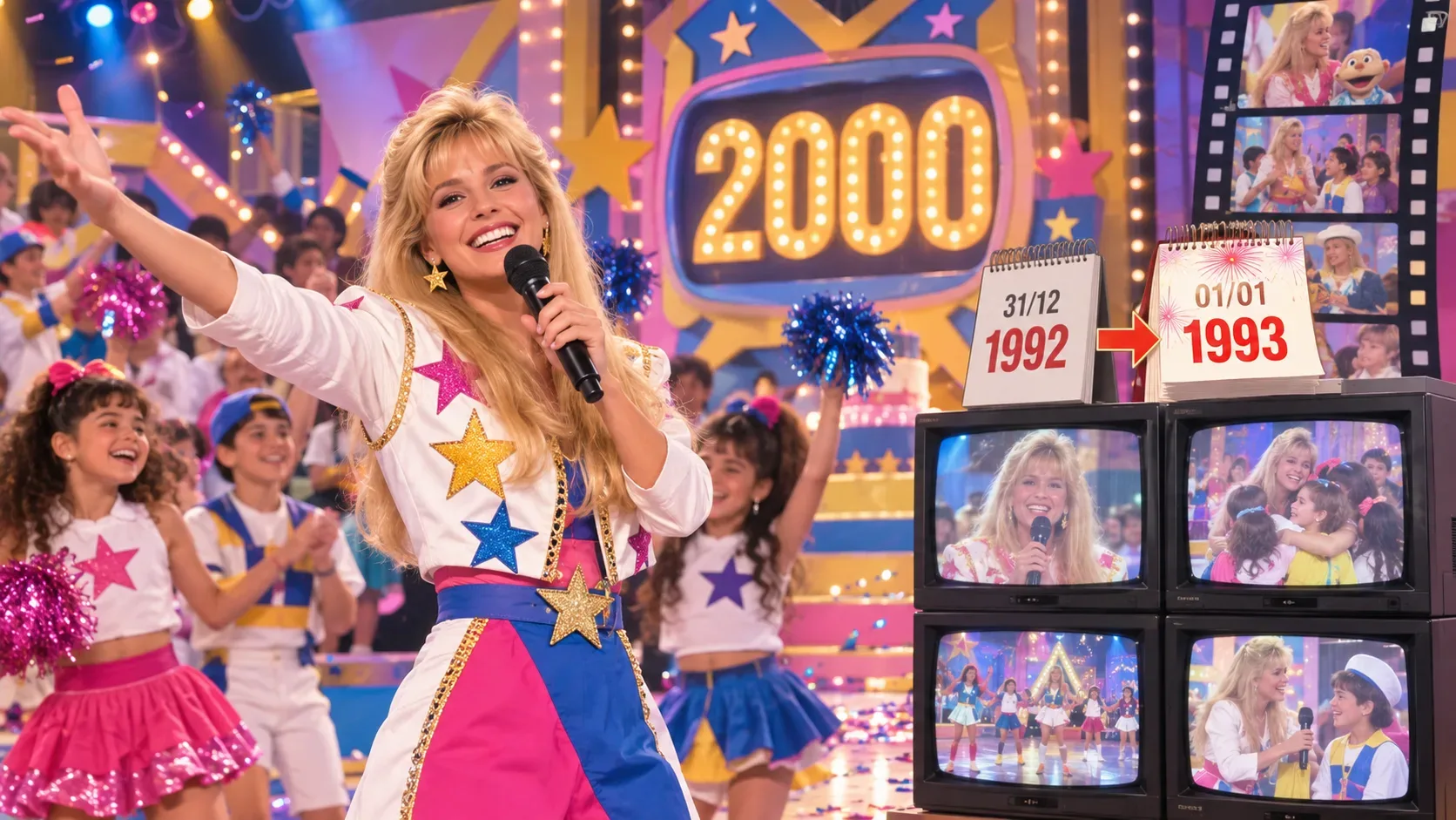 Apresentadora loira em cenário infantil colorido dos anos 1990, com número 2000, calendários de 31/12/1992 e 01/01/1993 e televisores exibindo cenas de retrospectiva.