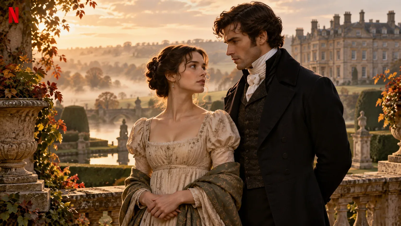 Casal em trajes do período Regencial diante de uma mansão inglesa e jardins ao pôr do sol.