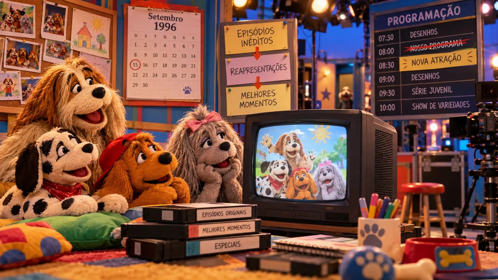 Cenário nostálgico de estúdio infantil dos anos 1990 com fantoches de cães, televisão de tubo, fitas VHS, calendário de setembro de 1996 e quadro de programação.