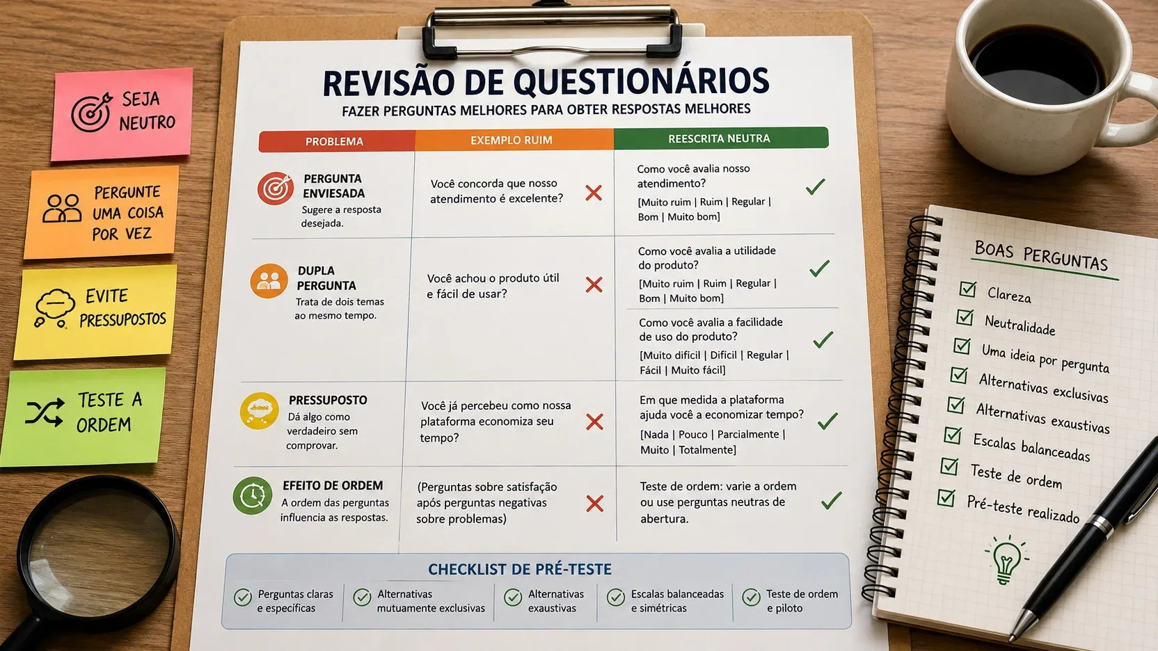 Mesa com prancheta de revisão de questionários mostrando exemplos de pergunta enviesada, dupla pergunta, pressuposto e efeito de ordem, além de um checklist de boas perguntas.
