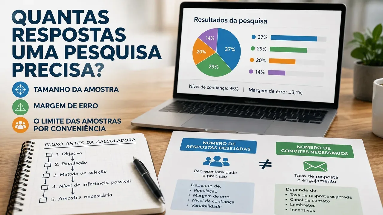 Mesa de trabalho com notebook exibindo resultados de pesquisa, caderno com fluxo antes da calculadora e folha comparando respostas desejadas e convites necessários.