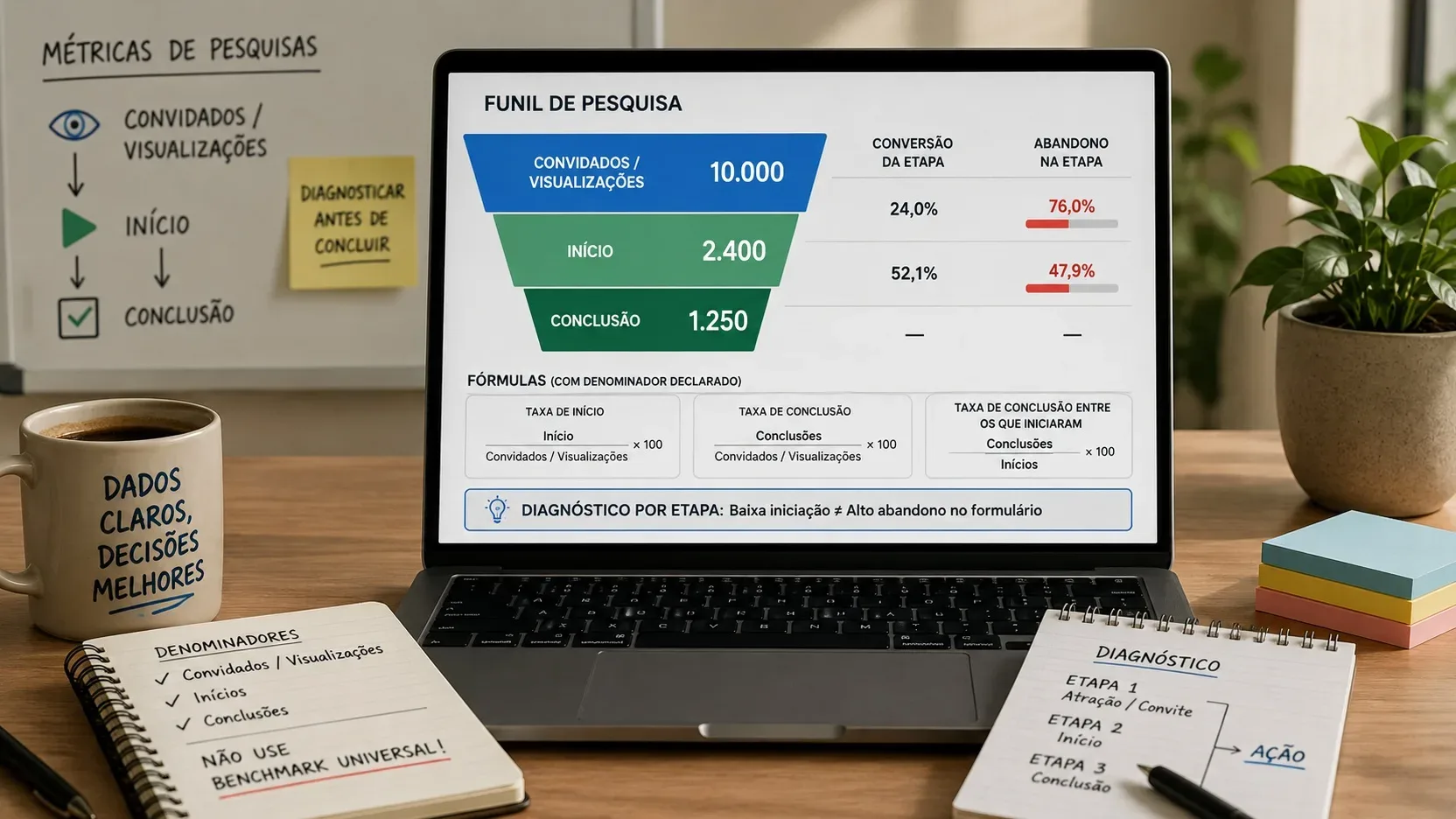 Mesa de trabalho com notebook exibindo funil de pesquisa entre visualizações, início e conclusão, fórmulas de taxas e indicadores de abandono.