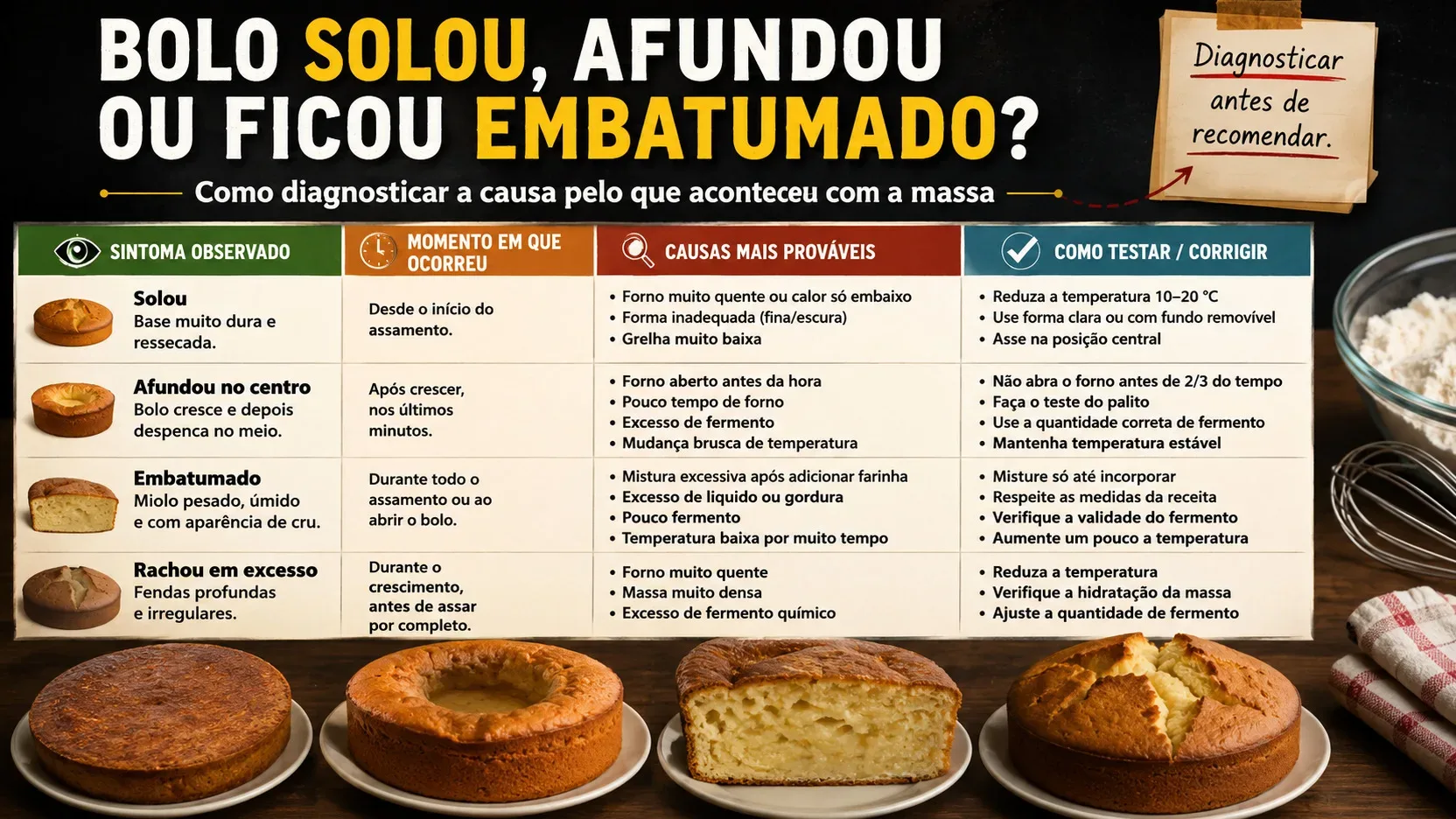 Infográfico horizontal sobre uma mesa de cozinha com quatro bolos apresentando falhas diferentes e um quadro de diagnóstico para bolo solado, afundado, embatumado e rachado.