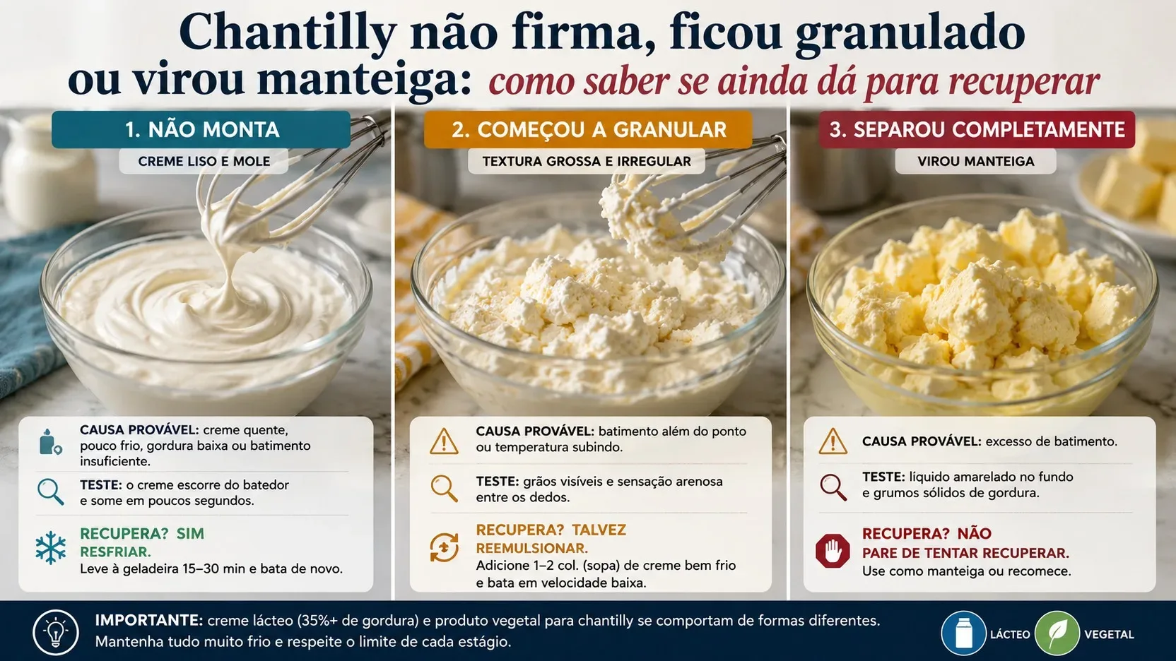 Infográfico em três painéis mostra chantilly liso e mole, granulado e separado como manteiga, com batedores e tigelas sobre bancada clara.