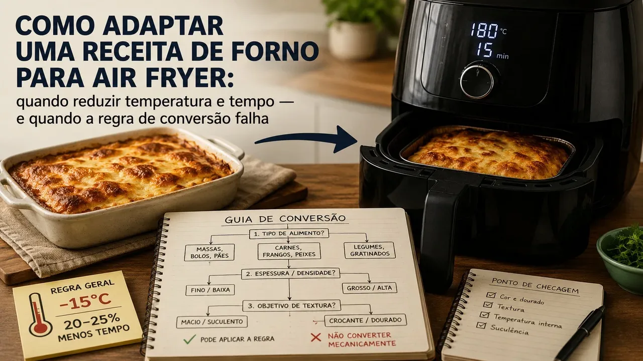 Bancada de cozinha com uma travessa assada ao lado de uma Air Fryer aberta, seta de conversão e cadernos com notas sobre temperatura, tempo e textura.