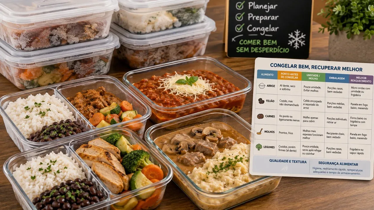 Marmitas em potes transparentes com arroz, feijão, frango, carnes, legumes e molhos, ao lado de recipientes congelados e um quadro com orientações de congelamento.