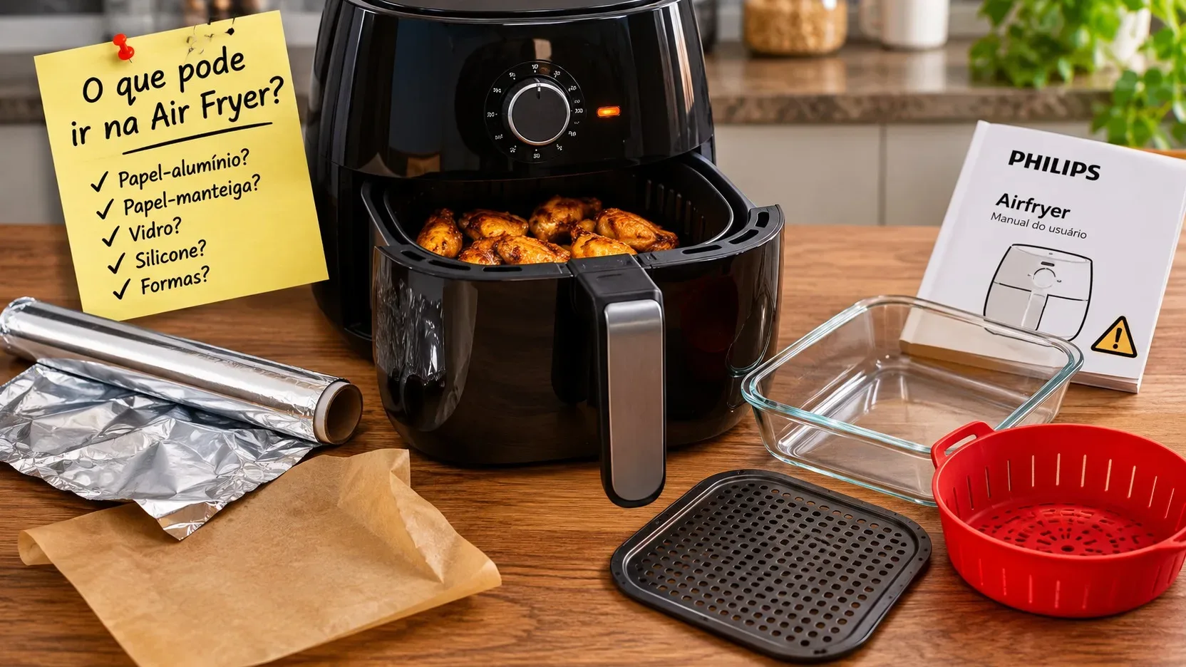 Air Fryer aberta sobre uma bancada, cercada por papel-alumínio, papel-manteiga, recipiente de vidro, forma de silicone, grelha metálica e um manual de usuário.