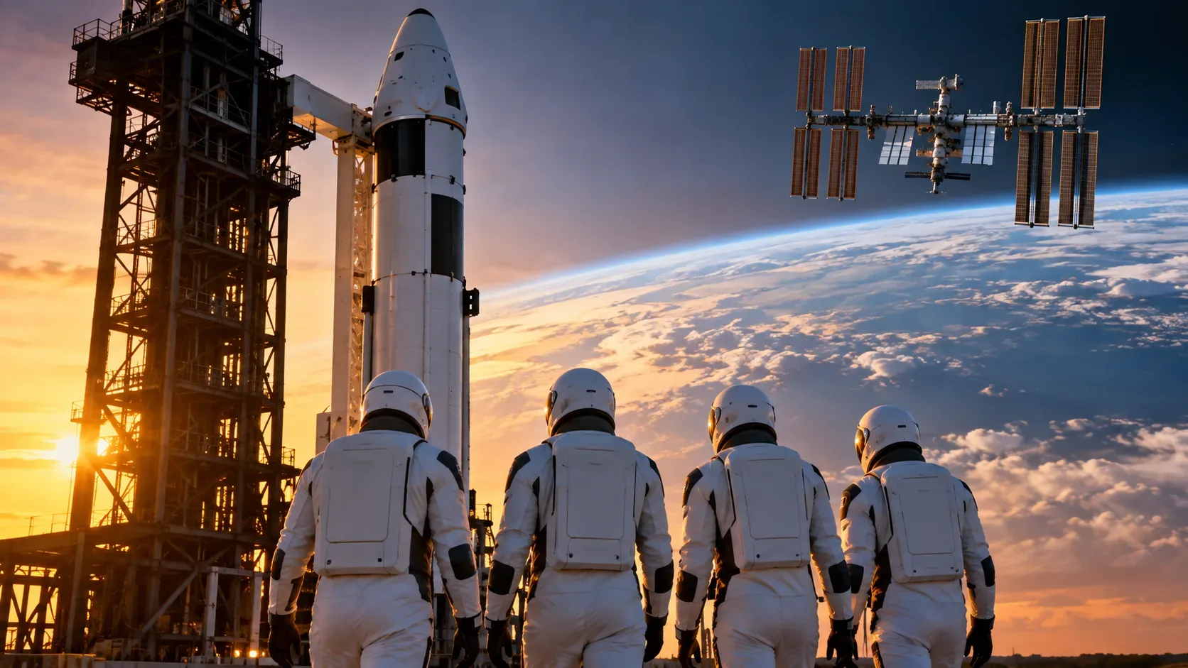 Quatro astronautas diante de um foguete, com a Estação Espacial Internacional e a curvatura da Terra ao fundo.