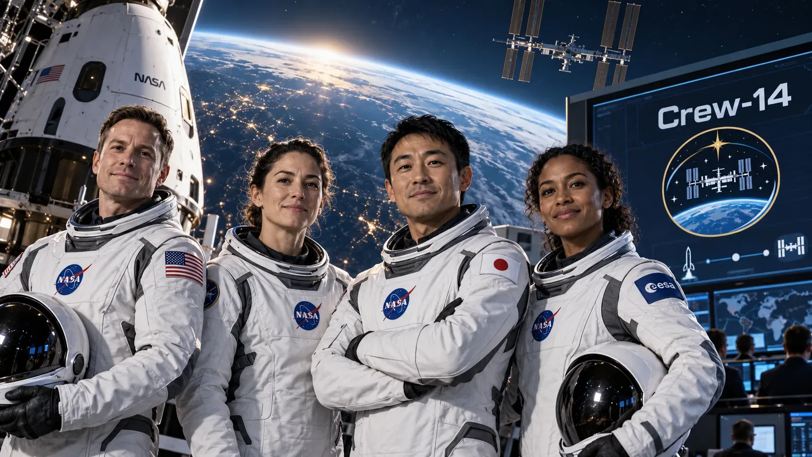 Ilustração de quatro astronautas em trajes brancos diante da Terra, com cápsula, estação espacial e painel de missão Crew-14 ao fundo.