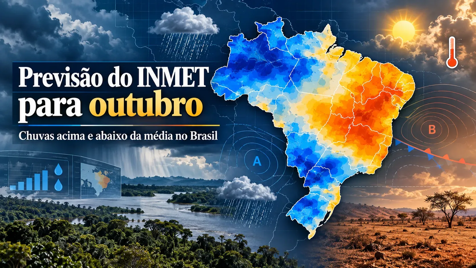 Capa editorial com mapa do Brasil em tons de azul, amarelo e laranja, nuvens de chuva, sol, termômetro e o texto sobre a previsão do INMET para outubro e chuvas acima e abaixo da média.