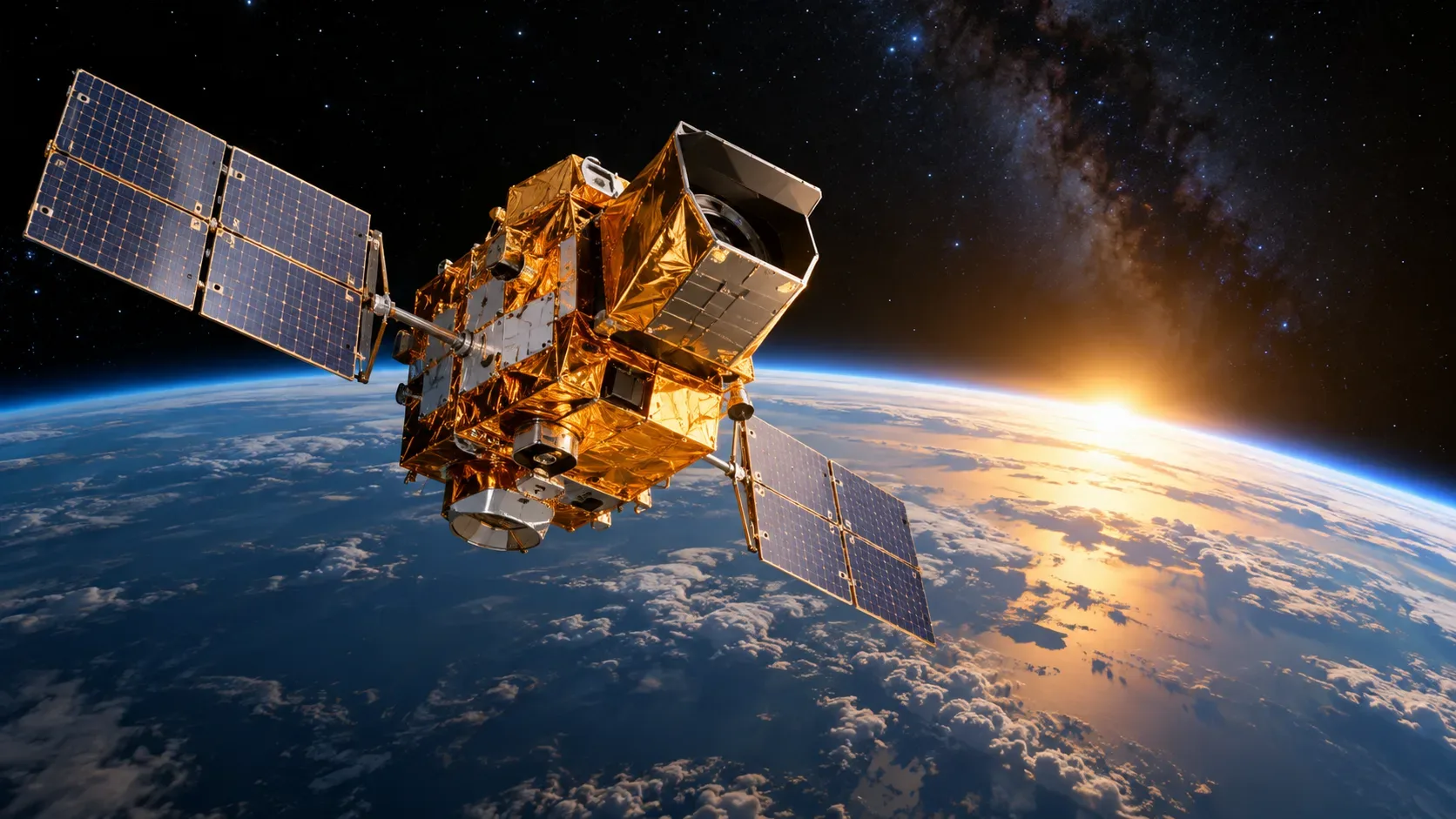 Satélite científico dourado com painéis solares orbitando a Terra ao nascer do Sol, com o espaço estrelado ao fundo.
