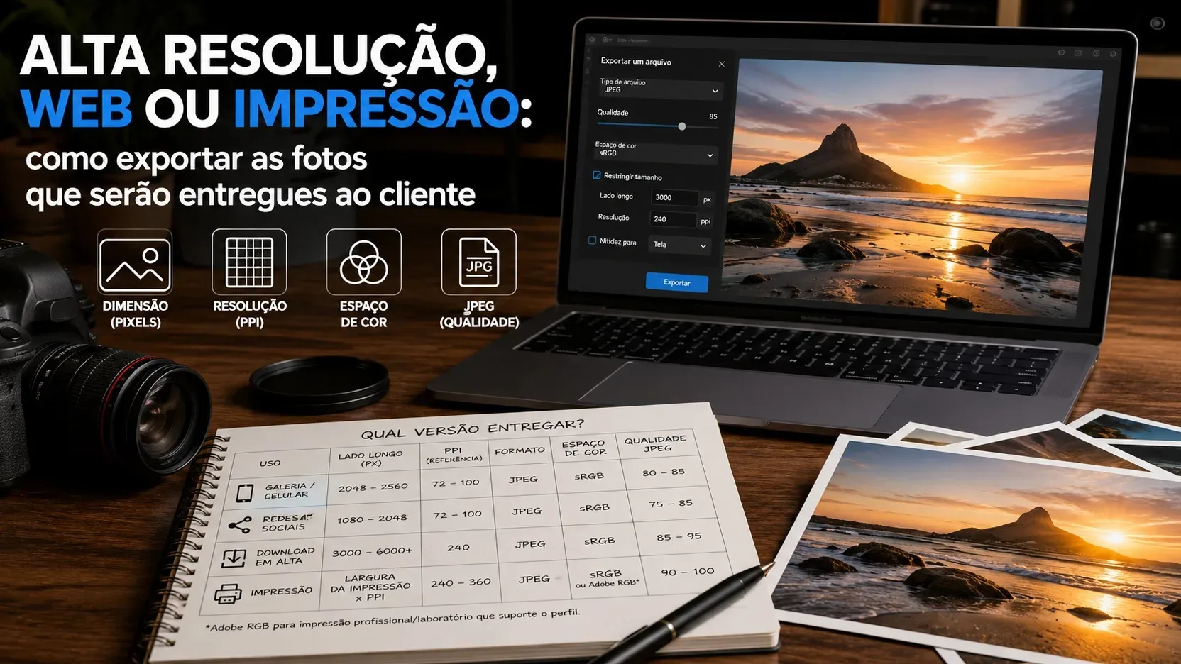 Mesa de fotógrafo com câmera, notebook exibindo ajustes de exportação e foto de paisagem, ao lado de impressões e anotações sobre dimensões e cor.