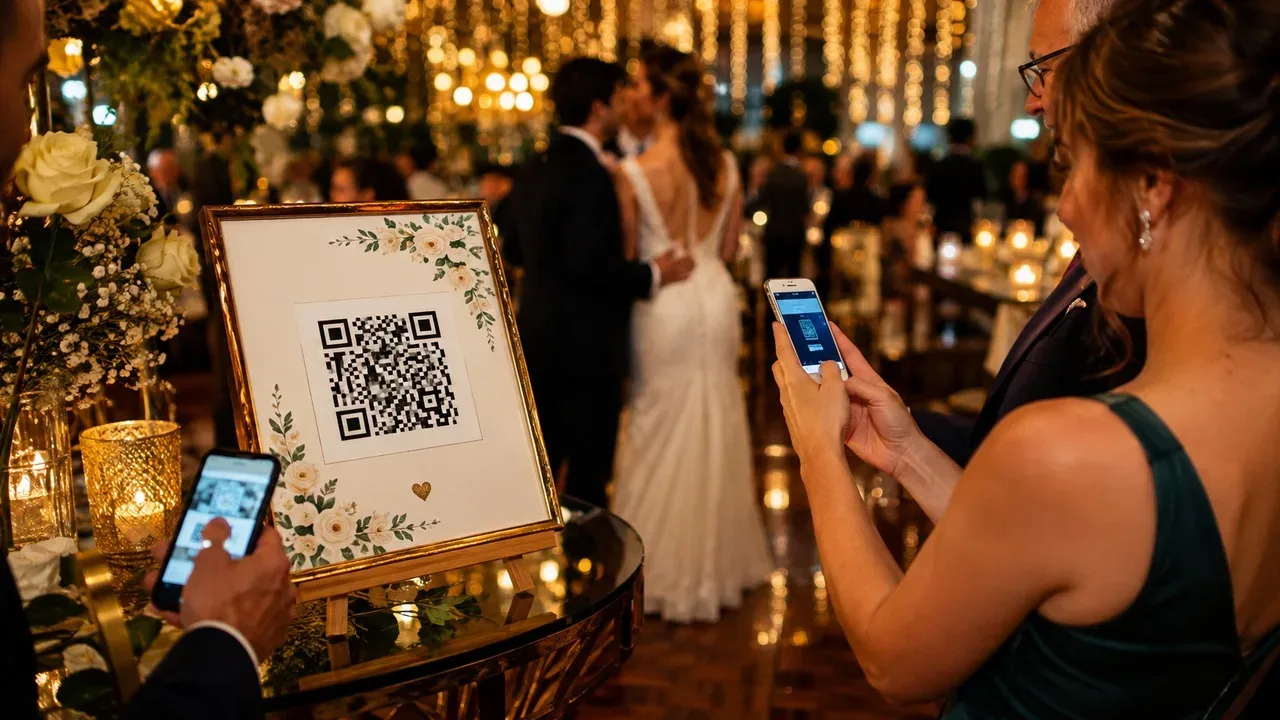 Convidada escaneia com o celular um QR Code em uma placa floral durante uma recepção de casamento iluminada, com os noivos ao fundo.