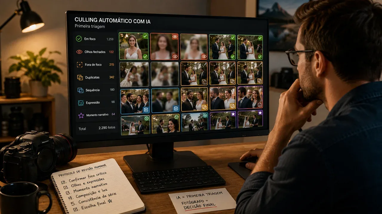 Fotógrafo diante de monitor com interface de culling por IA, revisando foco, olhos fechados, duplicatas, sequência, expressão e momento narrativo ao lado de um protocolo de revisão humana.