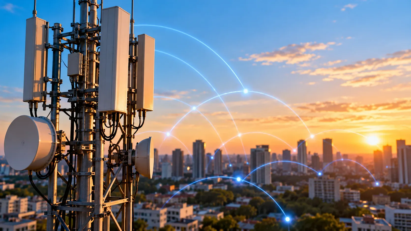 Torre de telecomunicações com antenas diante de uma cidade ao pôr do sol, com arcos luminosos simbolizando conexões sem fio.