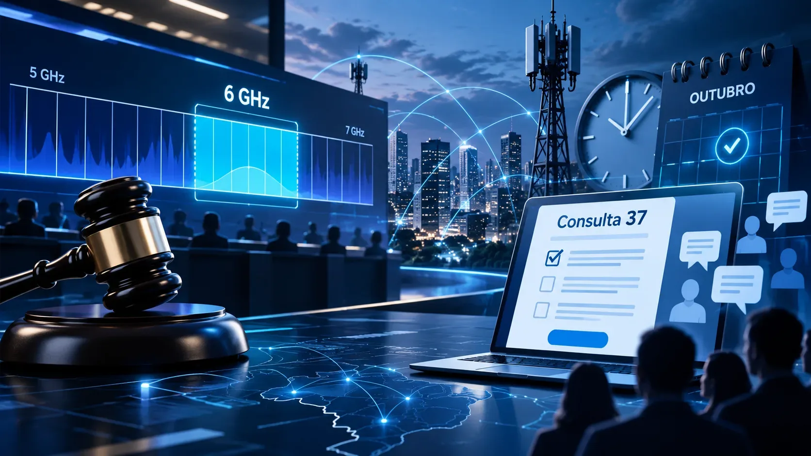 Composição tecnológica azul com martelo de leilão, painel de espectro 6 GHz, antenas, laptop com Consulta 37 e calendário de outubro.