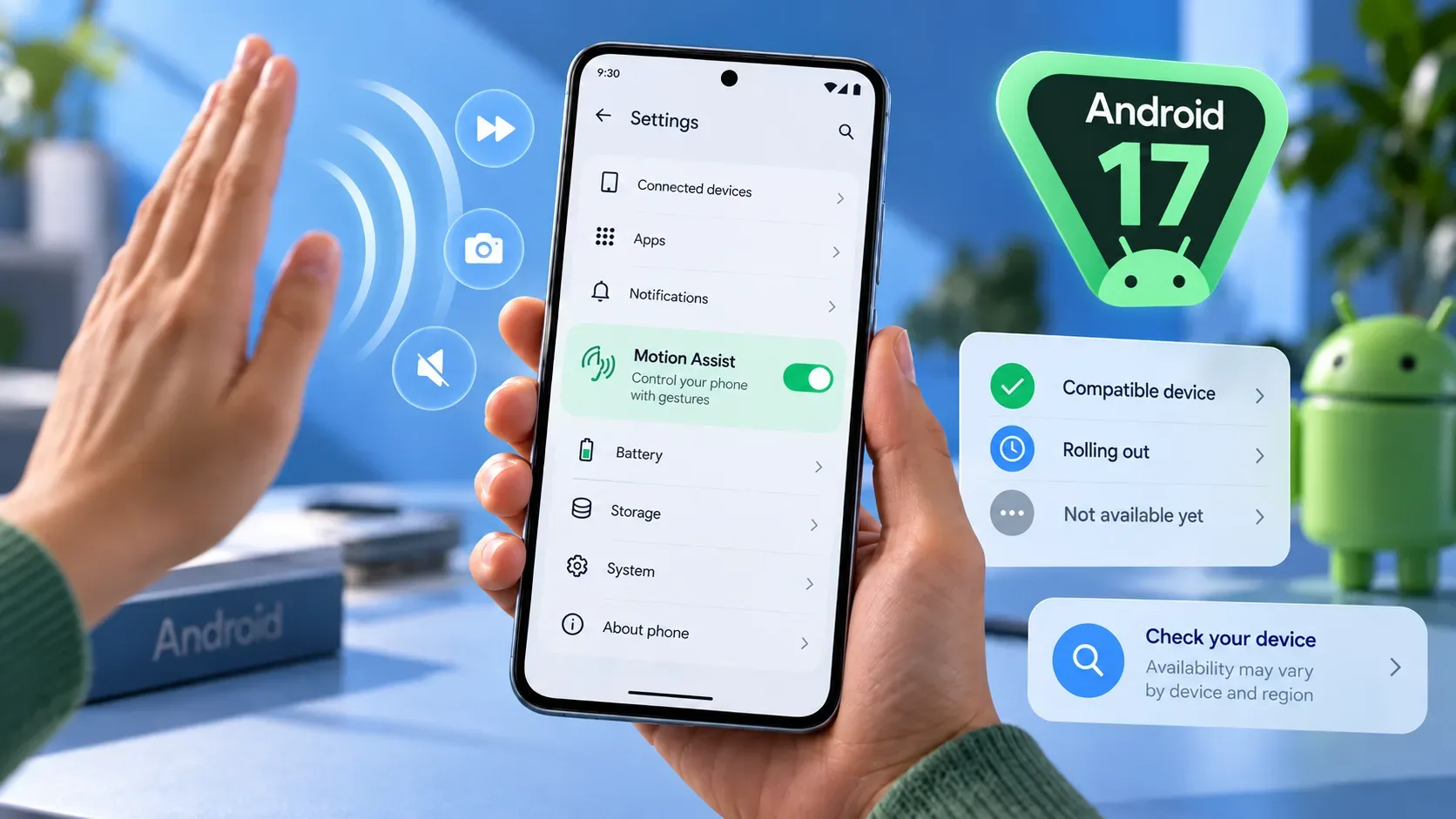Celular com tela de configurações do Motion Assist, mão fazendo gesto, selo Android 17 e cartões que indicam disponibilidade gradual do recurso.