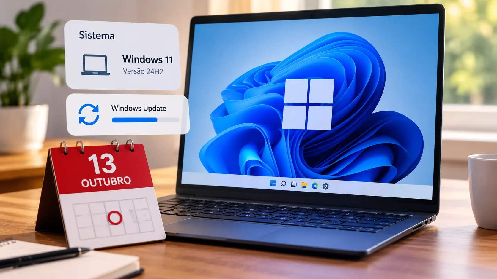 Notebook sobre mesa de madeira com papel de parede do Windows 11, cartões mostrando Windows 11 versão 24H2 e Windows Update e calendário vermelho marcado em 13 de outubro.