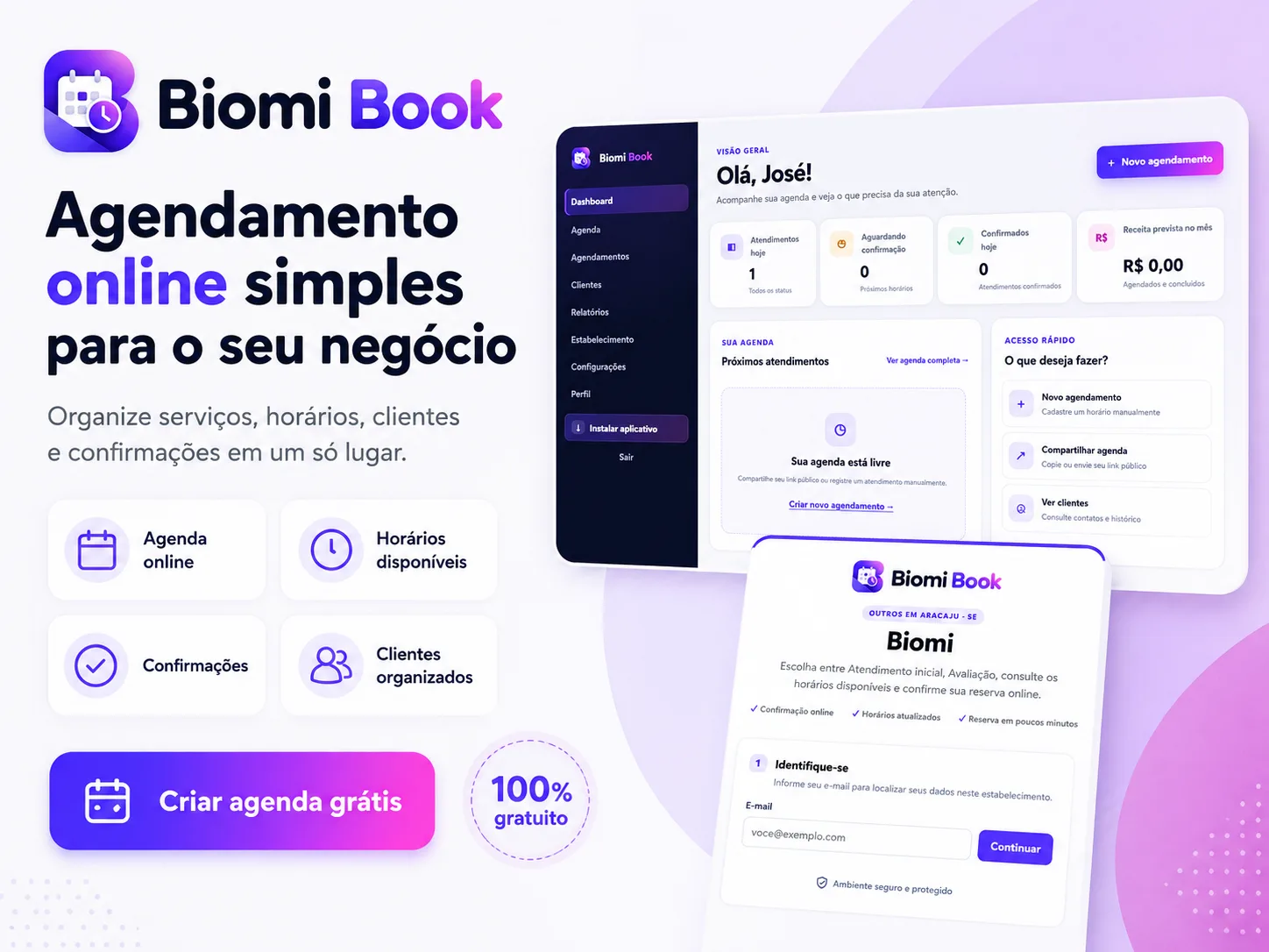 Arte de divulgação do Biomi Book, sistema de agendamento online para serviços, profissionais, horários e reservas.