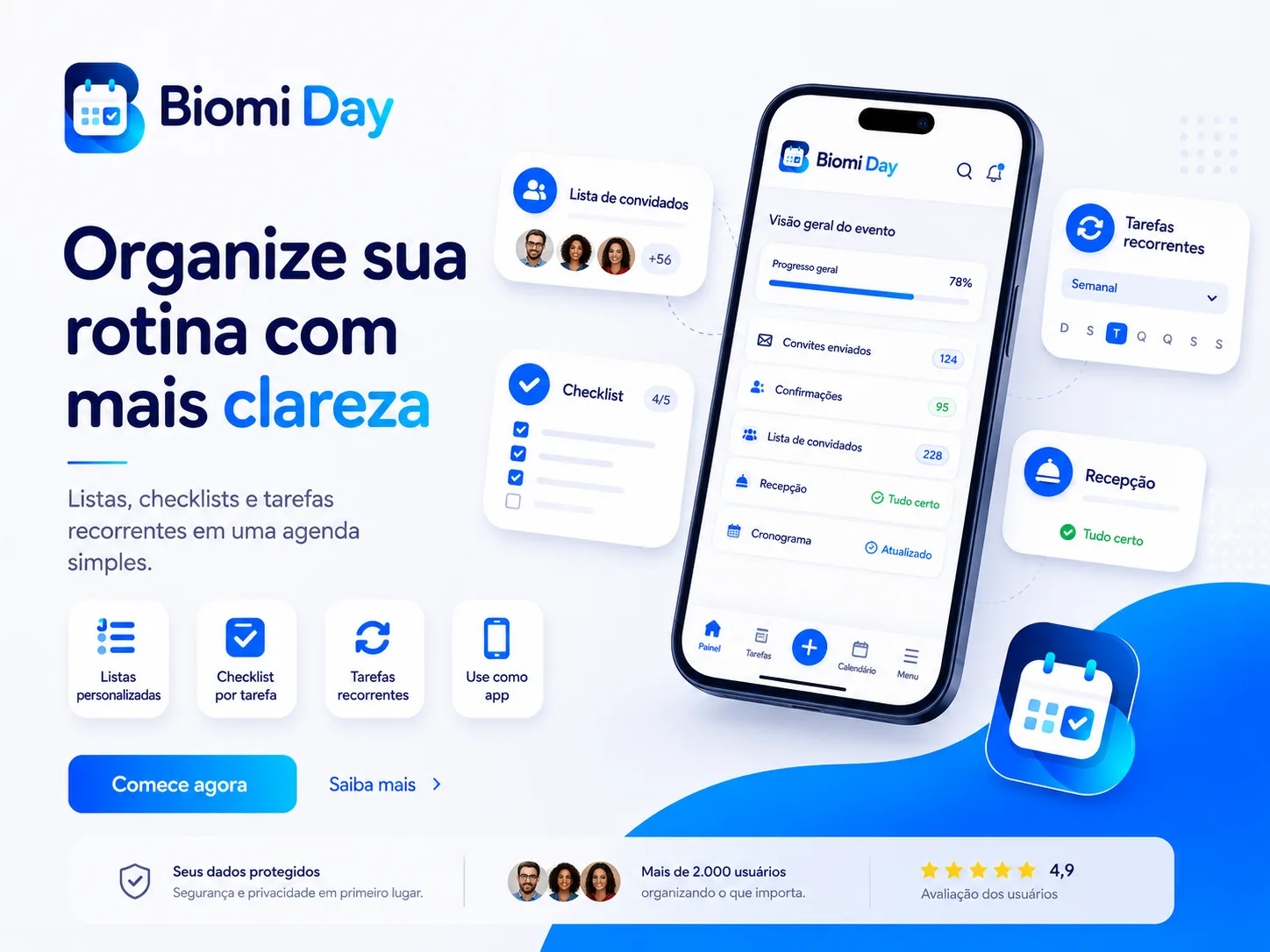 Arte de divulgação do Biomi Day, lista de tarefas online para organizar rotina, checklists, prioridades e tarefas recorrentes.