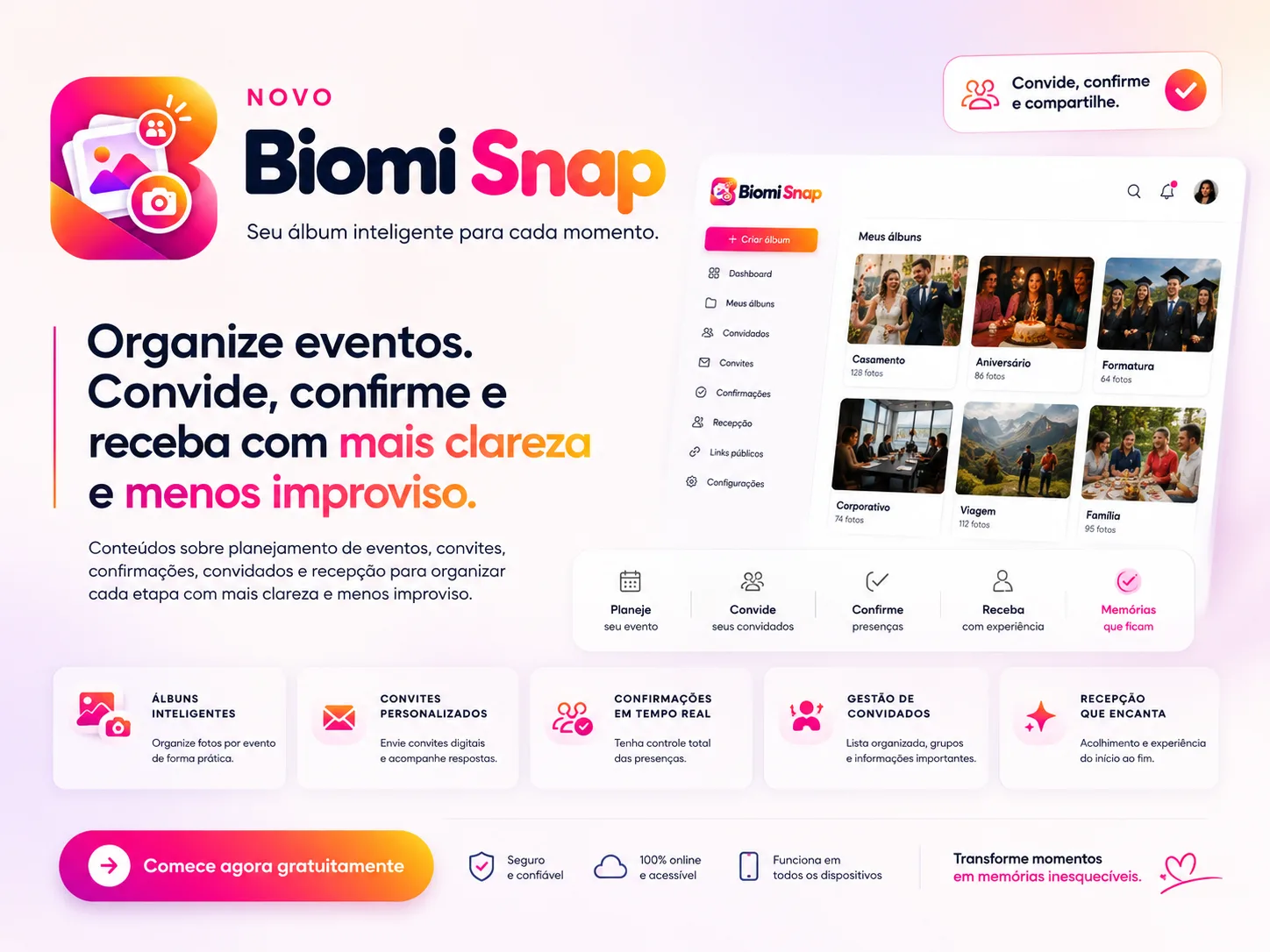 Arte de divulgação do Biomi Snap, plataforma de álbuns digitais para organizar fotos e compartilhar galerias online por link.